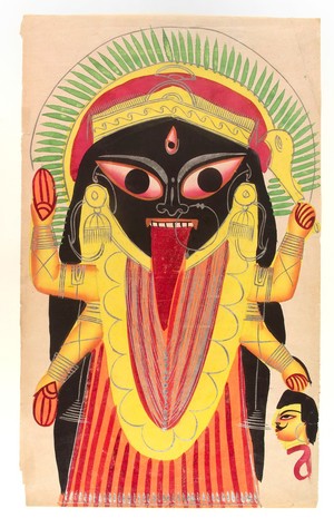 view Kali holding a demon's head. Watercolour.