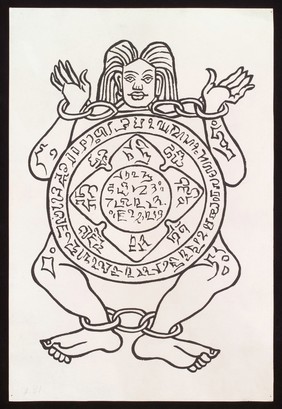 Human figure, with hands and feet shackled, its body incorporating a mandala (?). Ink drawing, Tibet, 1850/1910?.