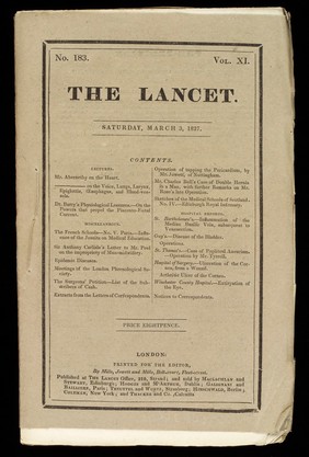 The Lancet, March 3rd 1827, cover