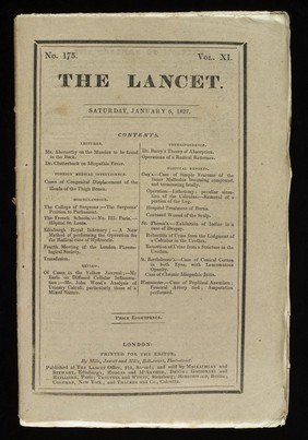 The Lancet, January 6th, 1827, cover