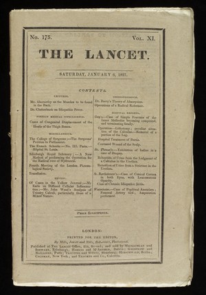 view The Lancet, January 6th, 1827, cover