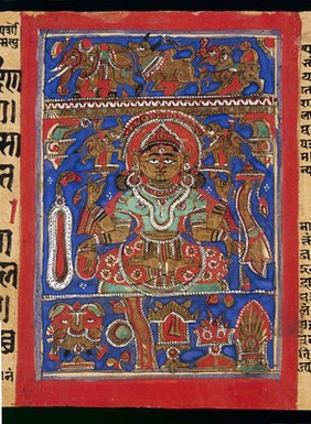 The Kalpasutra (the heroic deeds of the conquerors) a Prakrit Manuscript dated 1503. Minature showing the fourteen dreams of Queen trisata, wife of Siddhartha (Buddha), who now carries Mahavira in her womb.