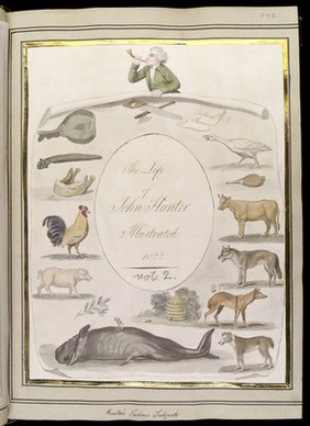 John Hunter blowing a horn, with animals studied by him. Watercolour attributed to J. Foot, 1822.