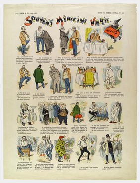 Nineteen scenes depicting popular disillusionment with doctors and medicine. Coloured wood engraving by Henriot, ca. 1900.