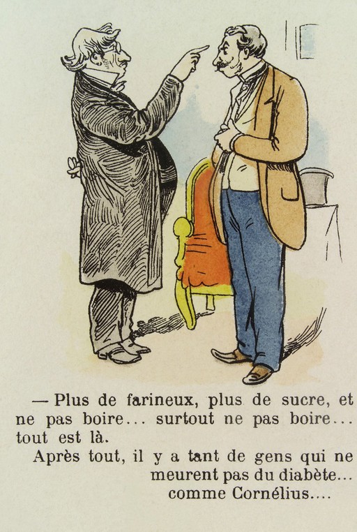 Satirical scene with doctor diagnosing man with Diabetes