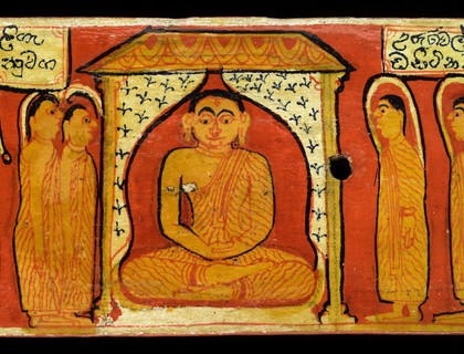 Illustrated Sinhalese covers (inside) showing the events between the Bodhisatta's renunciation and the request by Brahna Sahampati that he teach the Docrine after he becomes a Buddha. The First Discourse of the Buddha, namely the Dhammacakkappavattana Sutta is commonly known as the Great Discourse on the Wheel of Dhamma