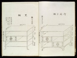 view Double page from 'Chodo Zue'; A collection of monochrome designs for 'tansu' and acessories like boxes for combs and writing sets; the compiler Aoki Hisakuni is otherwise unknown