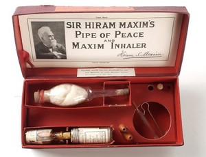 view Sir Hiram Maxim's 'Pipe of Peace' and Maxim Inhaler to treat bouts of bronchitis.