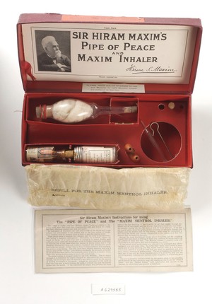 view Sir Hiram Maxim's 'Pipe of Peace' and Maxin Inhaler to treat bouts of bronchitis.