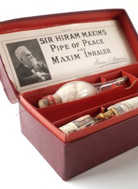 Sir Hiram Maxim's 'Pipe of Peace' and Maxin Inhaler to treat bouts of bronchitis.