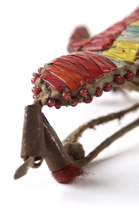 Sioux Indian amulet in the form of a turtle, worn by girls to ward off illness. Said to contain the umbilical cord of the wearer. Decorated in quills. Northern Plains