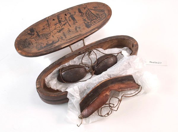 Inuit snow goggles and wooden case