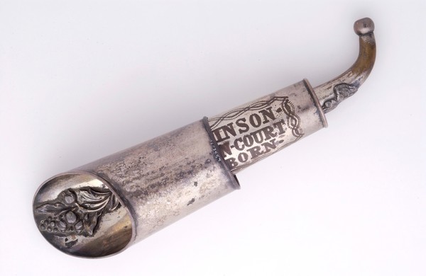 A collapsible Victorian ear trumpet made of tin made by Atkinson, Union Court, Holborn, London