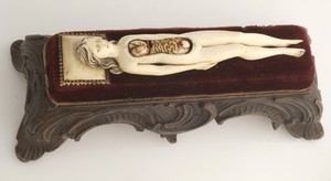 view Ivory anatomical model of a pregnant female with removable parts possibly used by obstetric specialists or midwives to provide reassurance for pregnant women. Possibly German