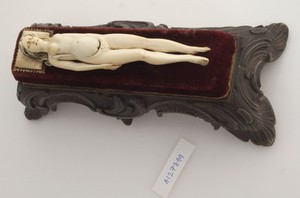 view Ivory anatomical model of a pregnant female with removable parts possibly used by obstetric specialists or midwives to provide reassurance for pregnant women. Possibly German