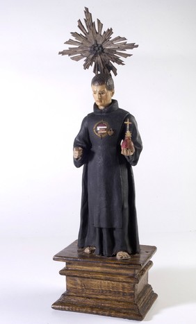 Spanish reliquary statue of Saint John of God (Juan de Dios), patron saint of hospitals and the sick, who was canonised in 1690. The relic it contains is said to be a splinter of his walking stick.