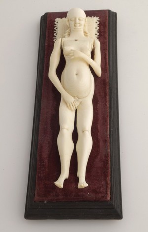 view Ivory anatomical model of a pregnant female with removable parts possibly used by obstetric specialists or midwives to provide reassurance for pregnant women. Possibly German