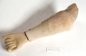 view A clay-baked arm and hand. Roman votive offering
