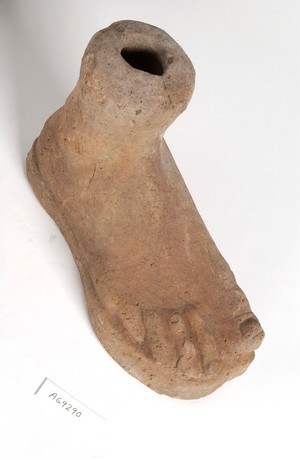 view A clay-baked foot. Roman votive offering