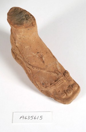 view A clay-baked foot. Roman votive offering