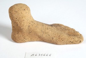 view A clay-baked foot. Roman votive offering