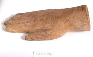 view A clay-backed hand. Roman votive offering