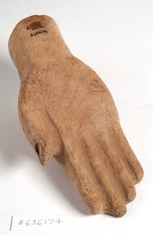 view A clay-backed hand. Roman votive offering