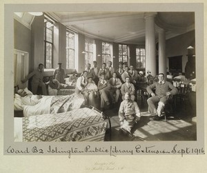 view World War One: Islington Public Library used as a hospital ward. Photograph by Langfier Ltd., 1916.