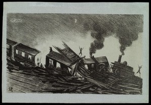 view A railway accident. Lithograph by Paul Van Rijssel (Paul-Ferdinand Gachet), 1879.