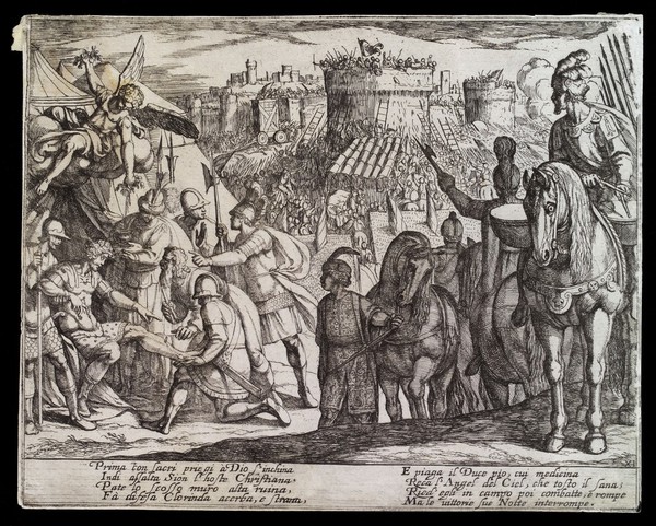 The crusaders attack Jerusalem: Godfrey is wounded; an angel brings a medicinal herb to accomplish what the surgeon cannot. Etching by Antonio Tempesta, 16--.