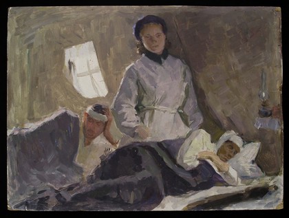 A nurse attending the wounded in a Soviet military hospital. Oil painting by Sophia Uranova, ca. 1962.