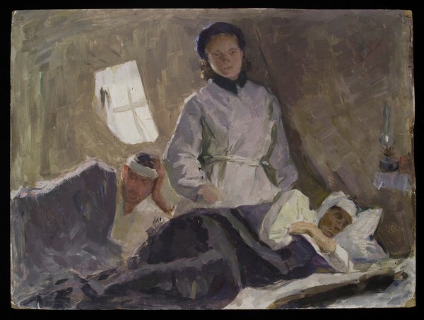 A nurse attending the wounded in a Soviet military hospital. Oil painting by Sophia Uranova, ca. 1962.