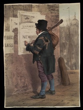 An Irishman looks at a poster advertising voyages to New York and resolves to emigrate. Coloured lithograph after E. Nicol, ca. 1840/1860.