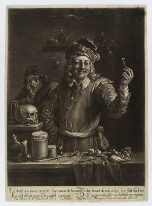 view A tooth-drawer proudly holding up a tooth he has just extracted, the patient holding his face in the background. Mezzotint by Jan van der Bruggen after D. Teniers II, 167-.