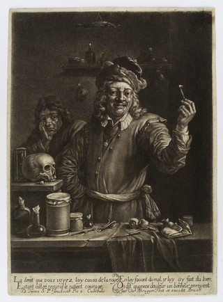 A tooth-drawer proudly holding up a tooth he has just extracted, the patient holding his face in the background. Mezzotint by Jan van der Bruggen after D. Teniers II, 167-.
