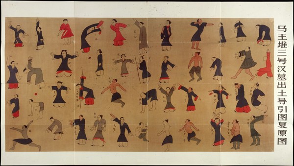 Daoyin tu - chart for leading and guiding people in exercise for improving health and treatment of pain, containing animal postures such as bear walk. This is a reconstruction of a 'Guiding and Pulling Chart' excavated from the Mawangdui Tomb 3 (sealed in 168BC) in the former kingdom of Changsha. The original is in the Hunan Provincial Museum, Changsha, China.