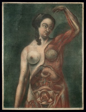 view A pregnant woman with the left side of her upper body and viscera exposed, her left arm raised above her head. Colour mezzotint by J.F. Gautier d'Agoty, 1759.