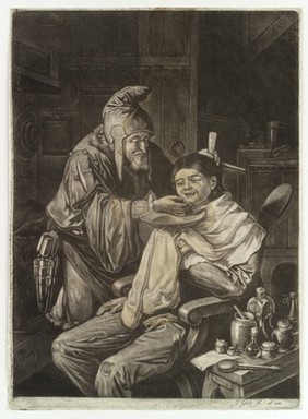 A wizened old barber who wears a pointed hat is shaving a young man. Mezzotint by J. Gole after C. Dusart, 1704/1737.