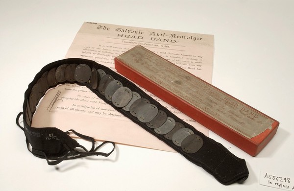 Galvanic anti-neuralgic headband made up of a series of 24 alternate zinc and copper discs mounted onto a felt and ribbon band. The headband was tied around the head, with the discs resting on the temples, where perspiration would act on the discs by producing a mild galvanic current