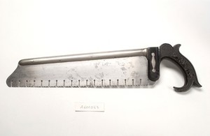 view British amputation saw produced by John Weiss. The deep notches on this saw were designed to prevent bone and tissue clogging the blade.