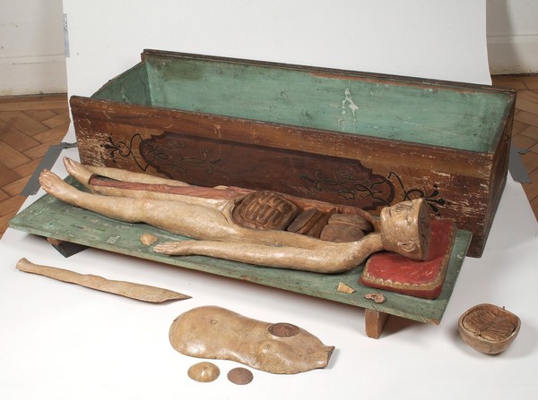 Wooden anatomical figure with removable parts and container, German