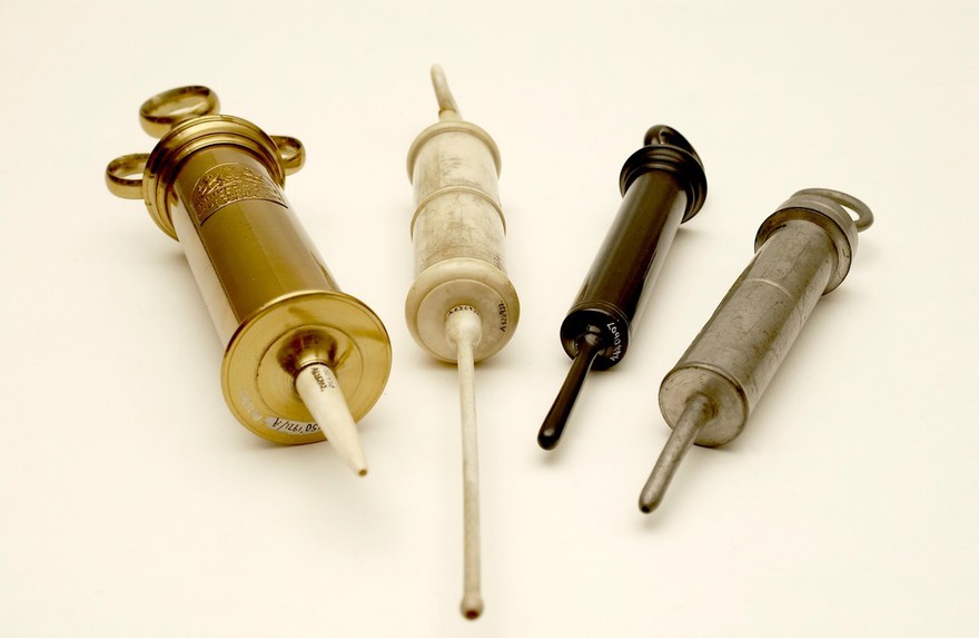 Brass, ivory, ebony and pewter enema syringe