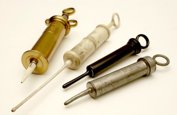 Brass, ivory, ebony and pewter enema syringe