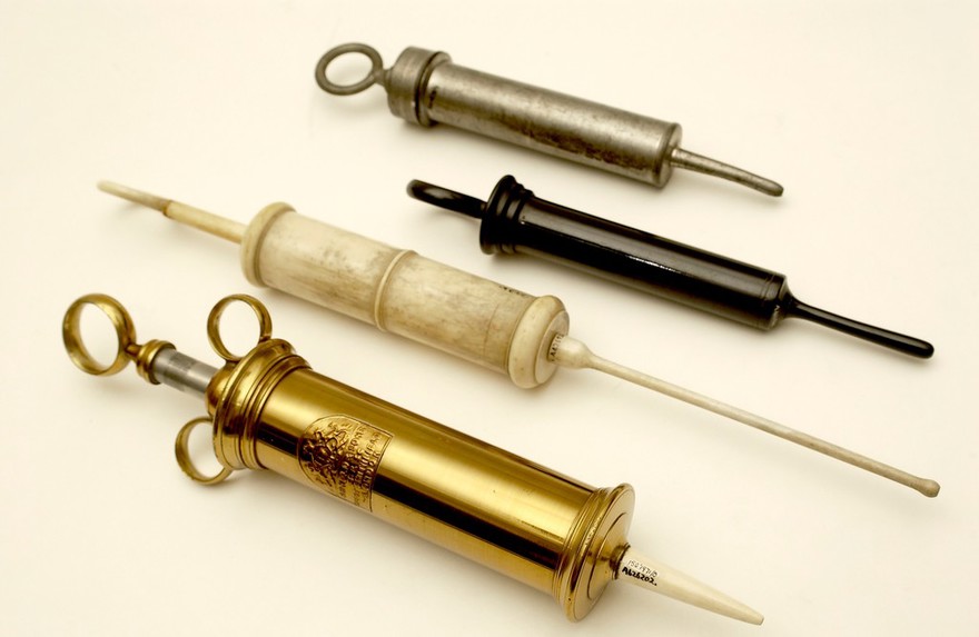 Brass, ivory, ebony and pewter enema syringe