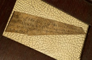 view An inscription fragment of human skin, said to that of the philosopher Jeremy Bentham, dissected in London, 1832