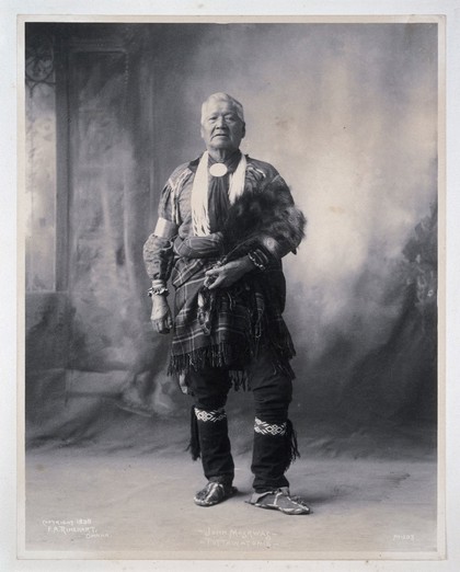 John Maskwas, an American of the Potawatomi. Platinum print by F.A. Rinehart, 1898.