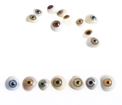 A selection of glass eyes from an opticians glas eye case. Possibly made by E. Muller of Liverpool.