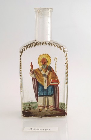 view Bottle decorated with saint