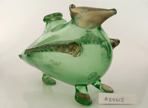 view Glass infant's feeding bottle in shape of bird with three legs.