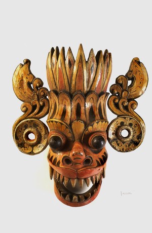 view Sri Lankan mask, demon's face, ear-pieces and flame headdress